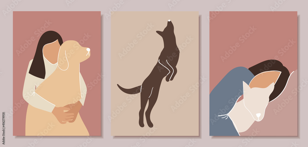 Set of minimalistic abstract posters. Women with dogs. Vector illustration