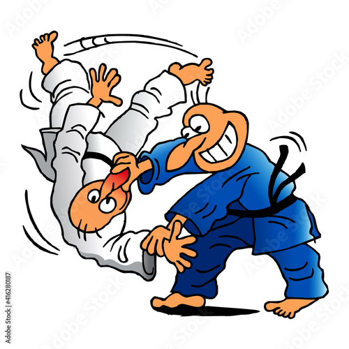 Judo players fight and throw each other on tatami grip Osoto Gari, sports joke, color cartoon