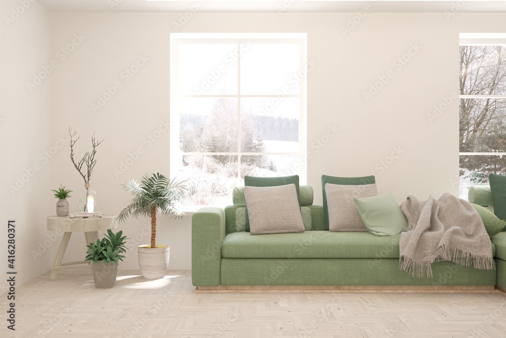 White living room with sofa and winter landscape in window. Scandinavian interior design. 3D illustration White living room with sofa and winter landscape in window. Scandinavian interior design. 3D illustration