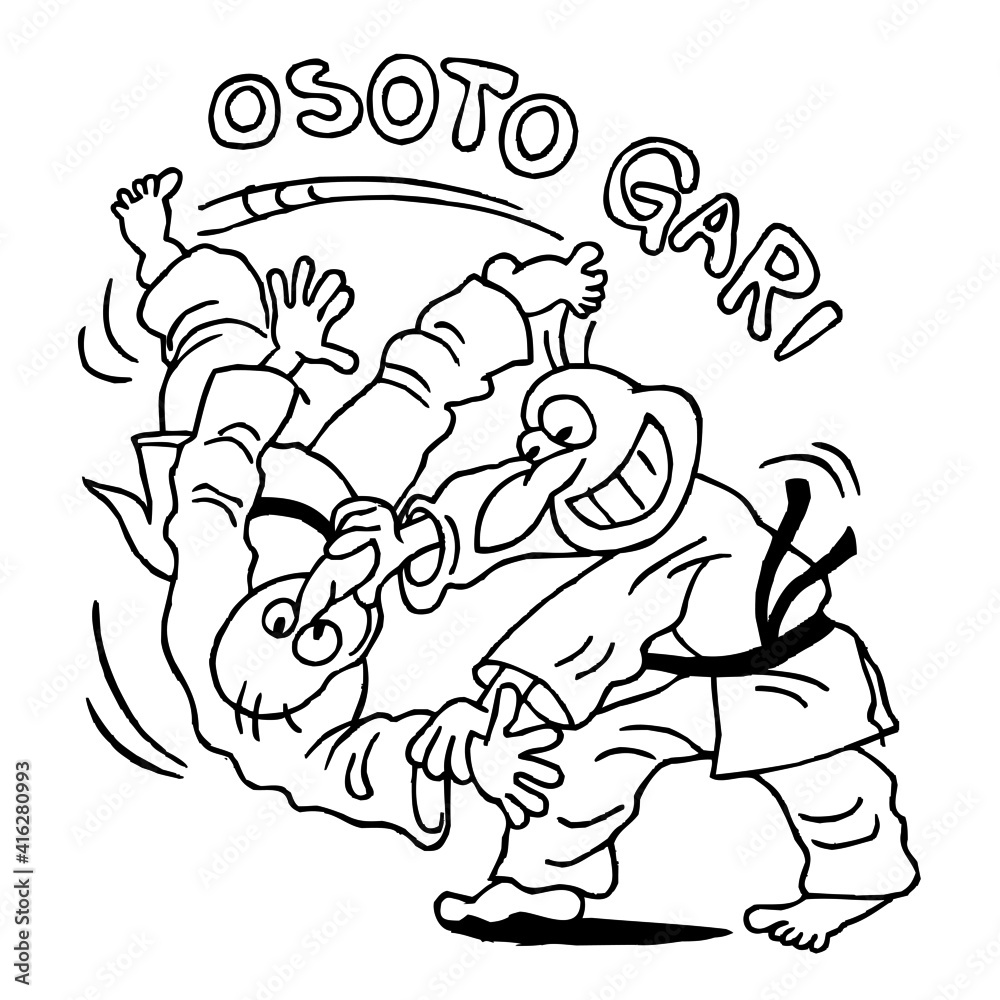 Judo players fighting and throwing each other on a tatami with Osoto Gari, sports joke, black and white cartoon