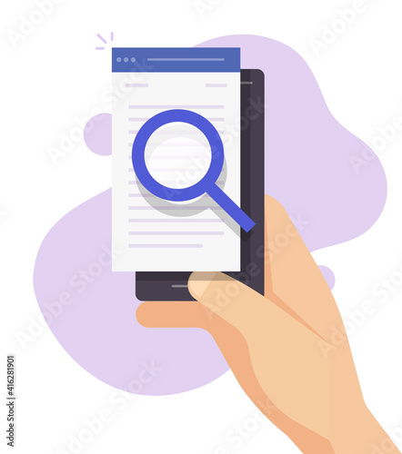 Cell phone review quality control of content vector, expertise text research online on smartphone, digital document file evidence check analysis, article inspect concept, law legal proof info search