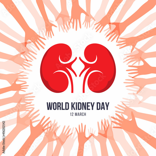 world kidney day with red human kidney sign in abstracct hand around circle frame vector design