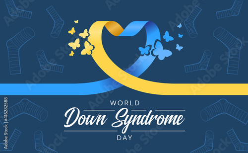 world down syndrome day blue and yellow roll heart ribbon sign and butterfly on dark blue lots of socks texture background vector design