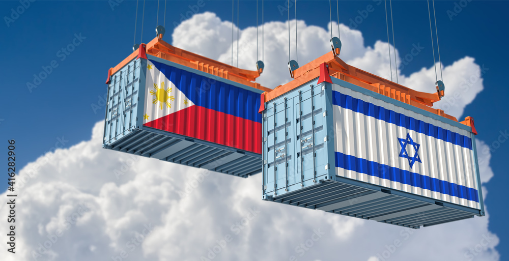 Freight containers with Israel and Philippines flag. 3D Rendering 