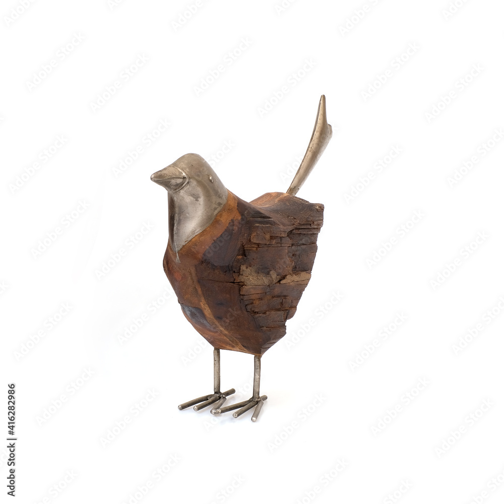 Fototapeta premium Wooden and metal bird figurine isolated on a white background