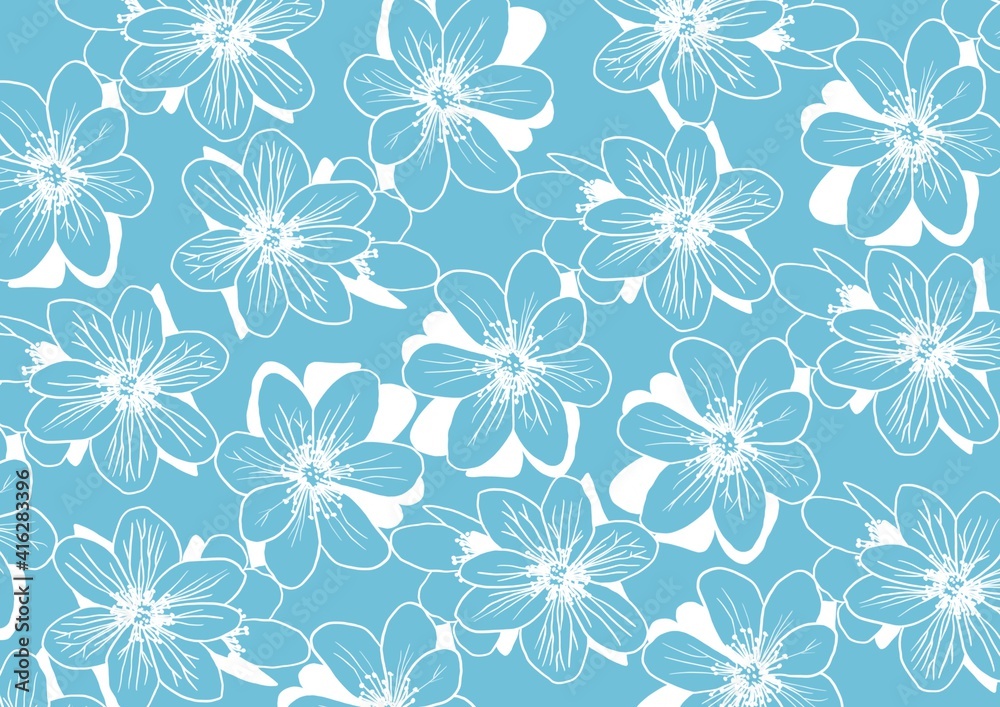 White flowers pattern on sky blue background