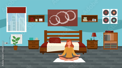 Young girl in the lotus pose meditating and practicing yoga. Bedroom with furniture. Flat style vector interior illustration. Bed, flowers. Daylight apartments. Hotel suite. Renting an apartment.