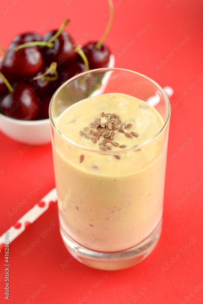Refreshing drink mango cherry smoothie with flax seeds Refreshing drink mango cherry smoothie with flax seeds