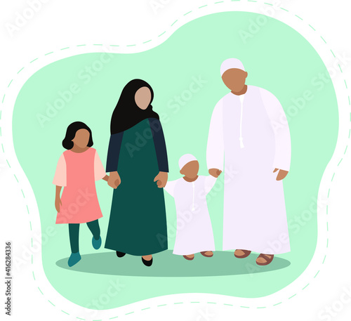 Traditional Emirati young family enjoying the weekend outdoor during a sunny day. man in front wearing the dishdash traditional wear, the woman wearing the traditional abaya all black dress from uae