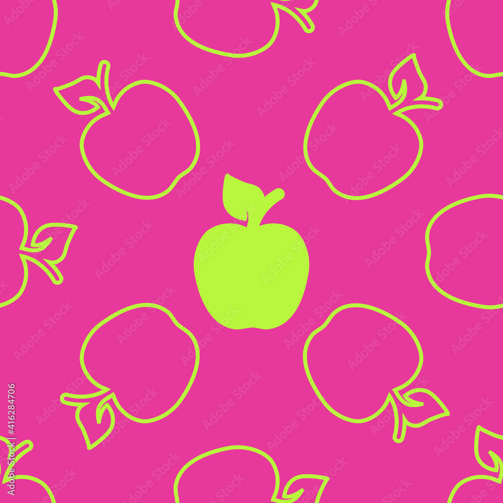 Apples are a seamless pattern. Silhouette and outline of green apples on a pink background. Simple abstract vector background. For paper, cover, fabric, gift packaging Apples are a seamless pattern. Silhouette and outline of green apples on a pink background. Simple abstract vector background. For paper, cover, fabric, gift packaging