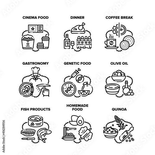 Food Delicious Set Icons Vector Illustrations. Cinema Meal , Homemade And Genetic Food, Dinner And Coffee Break, Gastronomy And Fish Products, Quinoa And Olive Oil Black Illustration