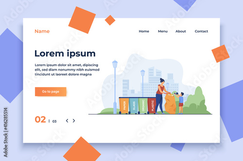 Woman and kid sorting garbage. People holding trash bag near different bins flat vector illustration. Waste sorting, trash collection concept for banner, website design or landing web page