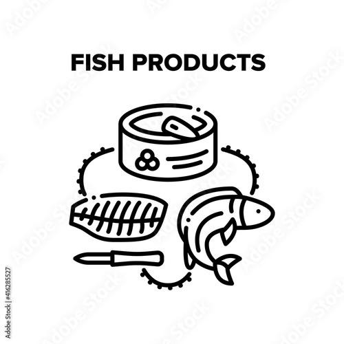 Fish Products Vector Icon Concept. Freshness Fish Fillet Meat For Cooking Tasty Dish And Caviar Product Canned Container Packaging. Appetizer And Delicious Seafood Black Illustration