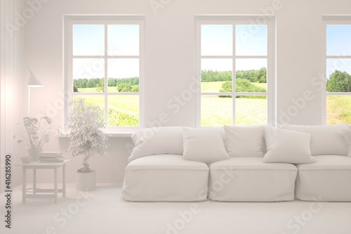 Mock up of stylish room in white color with sofa and green landscape in window. Scandinavian interior design. 3D illustration