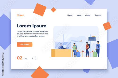 Travelers standing in queue for flight registration. Baggage, line, ticket flat vector illustration. Airlines and traveling concept for banner, website design or landing web page