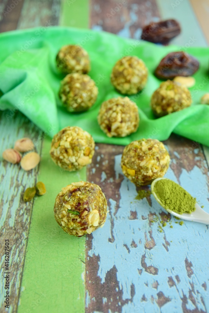 Matcha date cashew coconut pistachio energy balls