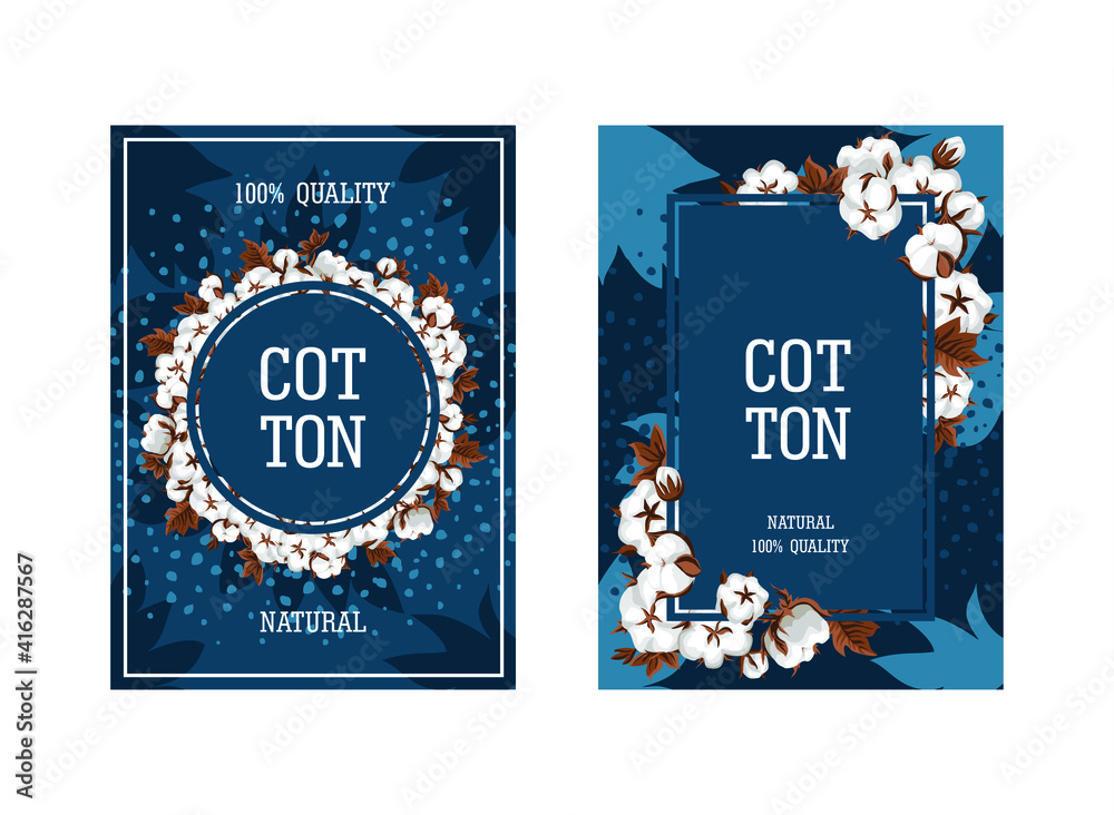 Set of vector vertical illustrations with cotton twigs and leaves. Banners for advertising textiles and packaging of products from natural fabrics. Premium quality textile labels Set of vector vertical illustrations with cotton twigs and leaves. Banners for advertising textiles and packaging of products from natural fabrics. Premium quality textile labels