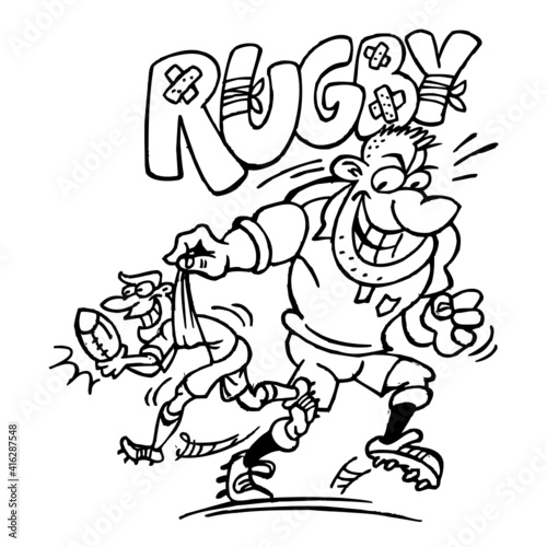Rugby player giant holds in hand another player with a ball and runs with it, big rugby sign, sport joke, black and white cartoon