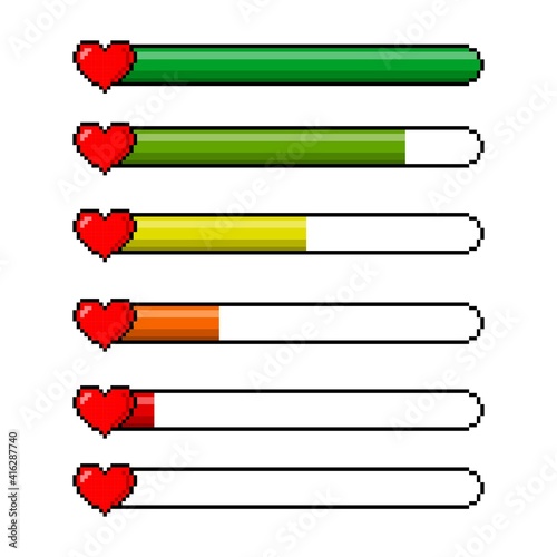 Pixel red hearts and a health scale color indicator isolated on white background. Pixel game 8 bit health heart life bar icons set. Gaming controller vector illustration