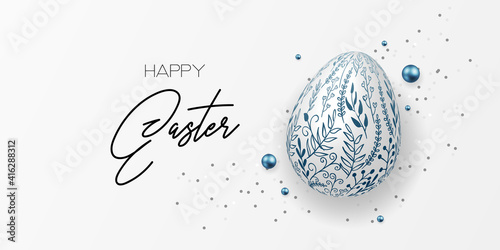 Happy easter template with eggs, pearls, confetti  dotted gold background. Vector illustration. Design layout for invitation, card, menu, flyer, banner, poster, voucher.