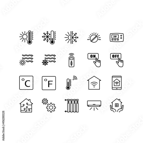 Climate control icon set. Heating, ventilating and air conditioning symbols. Outline set of climate control systems vector icons for web design isolated on white background. Editable stroke