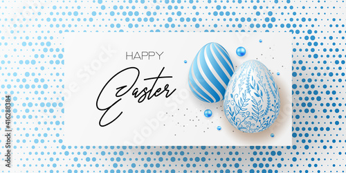 Happy easter template with eggs, pearls, confetti  dotted gold background. Vector illustration. Design layout for invitation, card, menu, flyer, banner, poster, voucher.