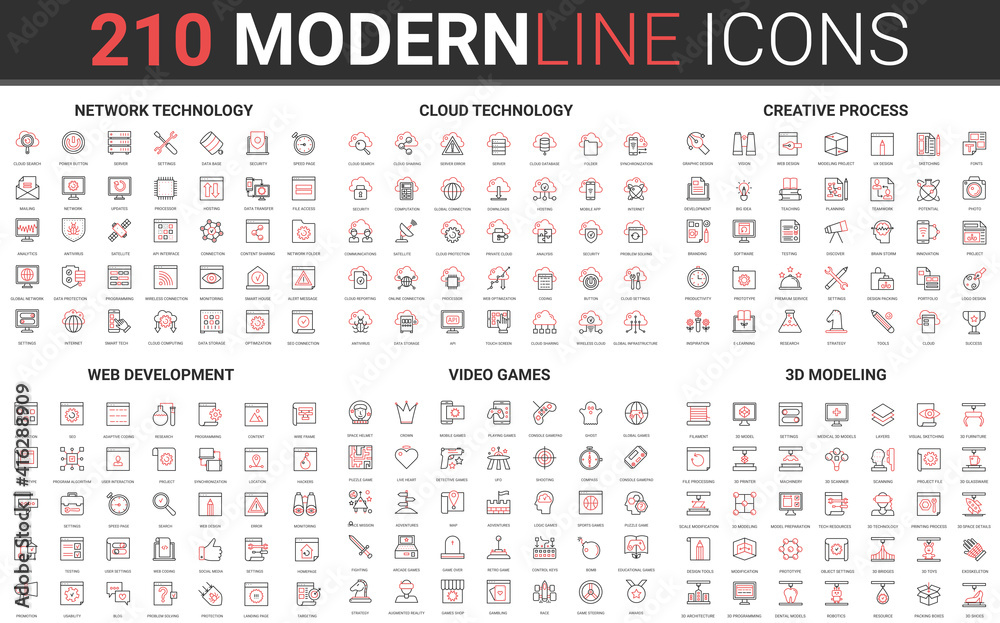 210 modern red black thin line icons set of web development, video games, 3d modeling, network technology, cloud data technology, creative process collection vector illustration.