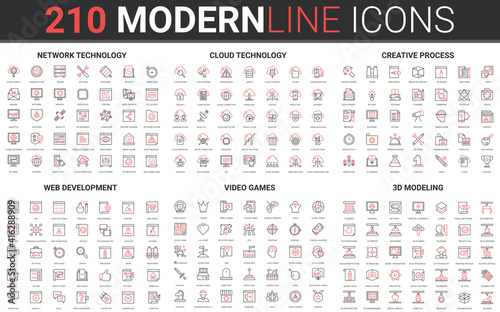 210 modern red black thin line icons set of web development, video games, 3d modeling, network technology, cloud data technology, creative process collection vector illustration.