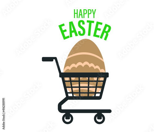 Colorful Easter eggs in a shopping cart on white background. Horizontal composition with copy space. Shopping and Easter concept.