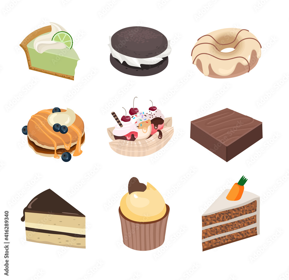 Collection of traditional American desserts. Hand drawn sketch in artoon style.