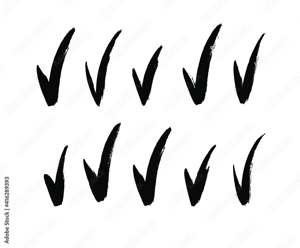 Obraz premium Vector art illustration grunge check mark. Set of hand drawn paint object for design use. Black on white background. Abstract brush drawing