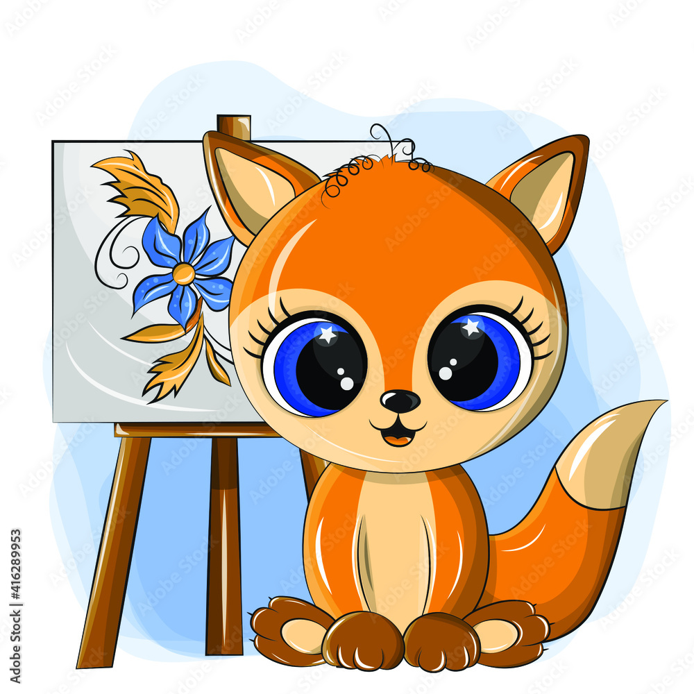 Funny fox artist with an easel on which a flower is drawn. The fox is