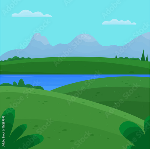 Summer landscape of mountains  fields and rivers. Vector illustration of nature.