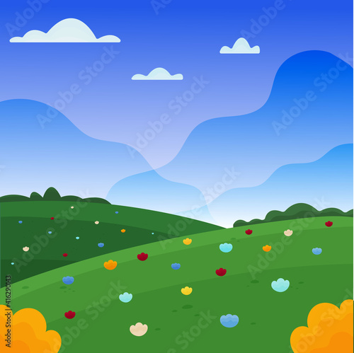 Vector illustration of a flower field. Blue sunset and clouds floating across the sky.