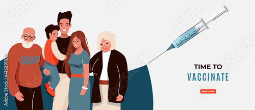 Family vaccine concept vector banner background. Time to vaccinate text. Household with elderly and child hugging each other. Syringe with protect from diseases