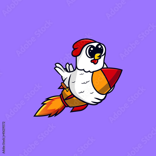 Cute Chicken fly with rocket.Cute mascot character logo. business logo, company mascot, Icon Illustration.Concept Isolated Premium Vector. Flat Cartoon Style.