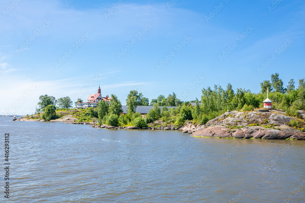 View to Luoto (Klippan) island, coastal part of Helsinki and Gulf of Finland in summer, Finland