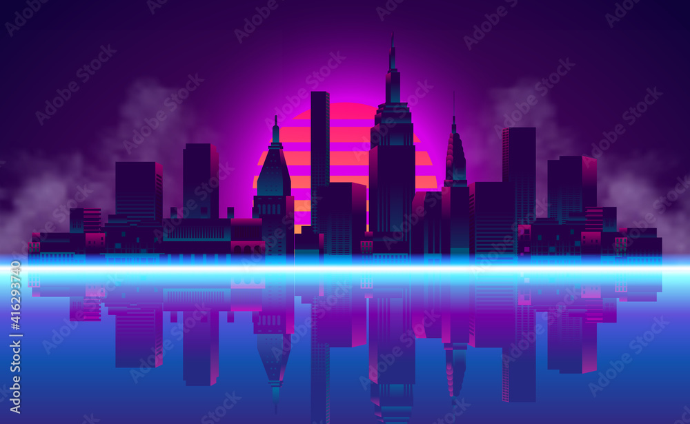 big city urban silhouette skyscraper building with reflection neon blue pink purple color retro 80s vintage style with sunset big city urban silhouette skyscraper building with reflection neon blue pink purple color retro 80s vintage style with sunset