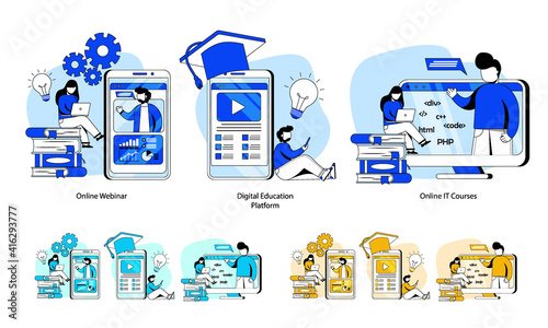 Set of Digital Education Concept Icon. Online Webinar, Online Workshop, Digital Education Platform, Online IT Courses, Online Tutoring, Distance Education, Online Teacher. Abstract Metaphor.