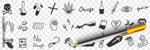 Danger of drugs doodle set. Collection of hand drawn drugs pills lungs alcohol grass bottles addiction symbols poison coffins suicide human brain mushrooms isolated on transparent background photo