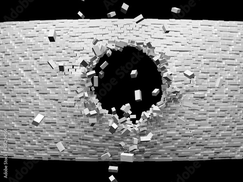 Destruction of a white brick wall on a black background 3d rendering photo