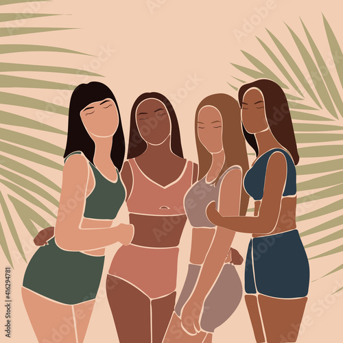 Girls of different nations in their underwear. Women's hugs, international women's day, friendship. Vector illustration.