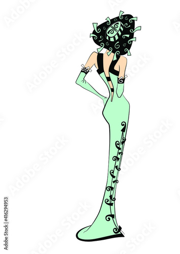  Fashion Drawing Woman in Green with swirly ornaments at the dress and the Hat. Back view,  hand drawn Vector for fashion designer