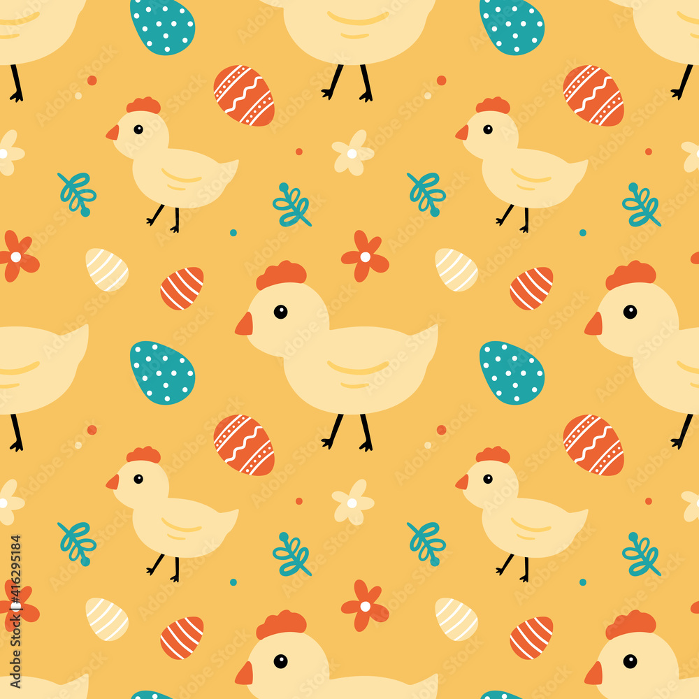 Cute cartoon little chicken with decorated easter eggs and flowers vector seamless pattern background for Easter design.
