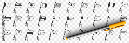 National Flags of countries doodle set. Collection of hand drawn flags of nationalities blowing on wind with hangers symbolising independence freedom of country isolated on transparent background
