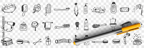 Cosmetics and tools for bath doodle set. Collection of hand drawn bathroom brush fan towel shampoo cream toothbrush toothpaste cosmetics shower for hygiene isolated on transparent background