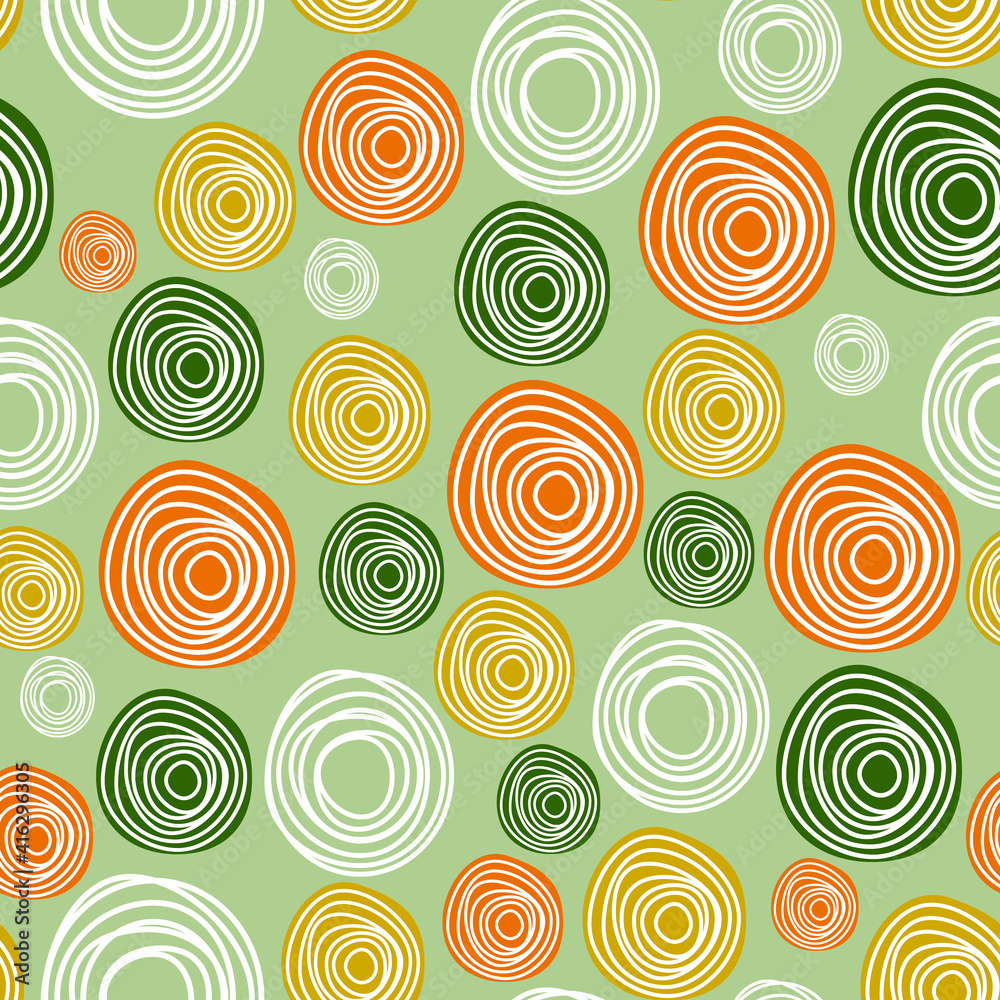 Seamless Pattern On A Green Background. Round Multicolored Elements. Can Be Used As A Pattern To Print On Fabric Or Paper.