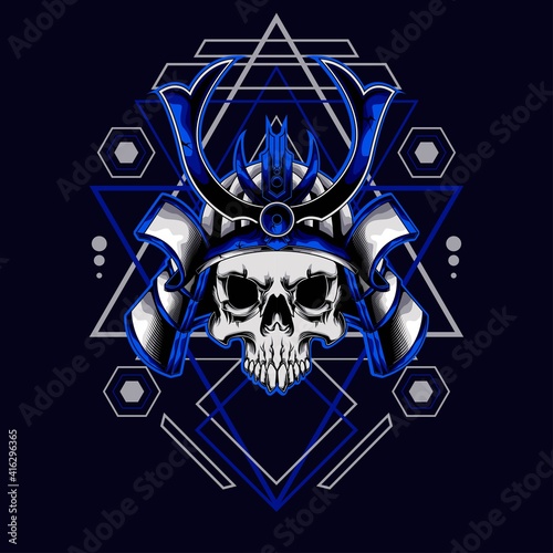 blue samurai skull helmet with sacred geometry for wallpaper, Banner, T-shirt, Poster, Hoodie, Tottebag, Background, Card, Book Illustration, And Web Landing Page