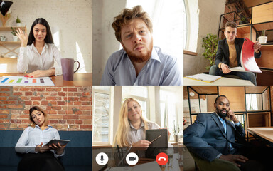 Team working by group video call share ideas brainstorming use video conference. PC screen view with young people, application ad. Easy and comfortable usage concept, business, online, finance.