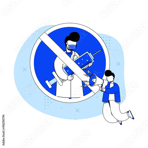 vaccine icon concept vector illustration. anti vaccine protest. rejecting preventive corona virus. can use for web banner, landing page, mobile apps. character cartoon Illustration flat style.